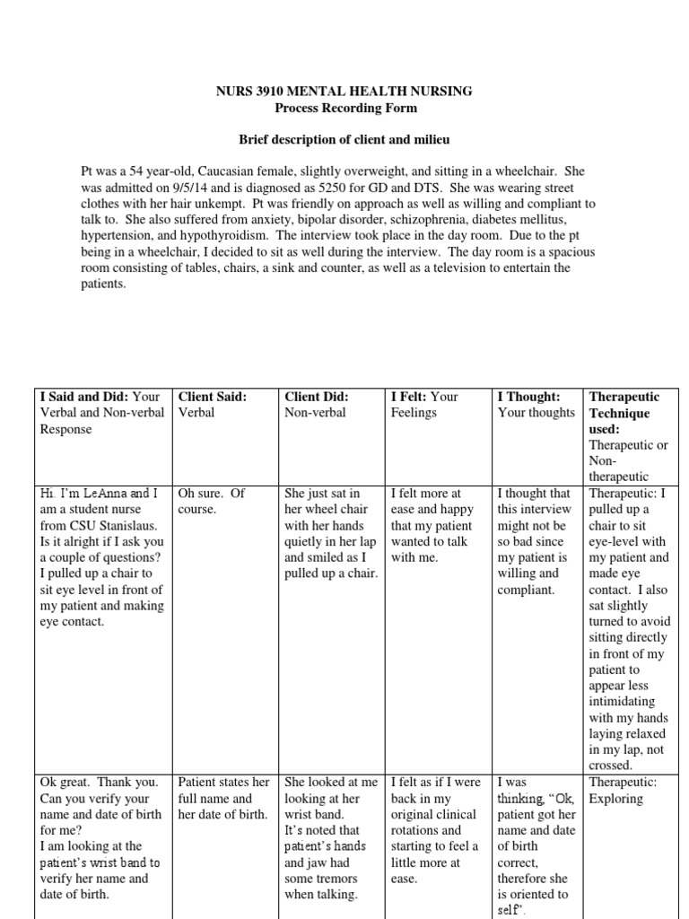 Mental health process recording evaluation pdf mental disorder memory