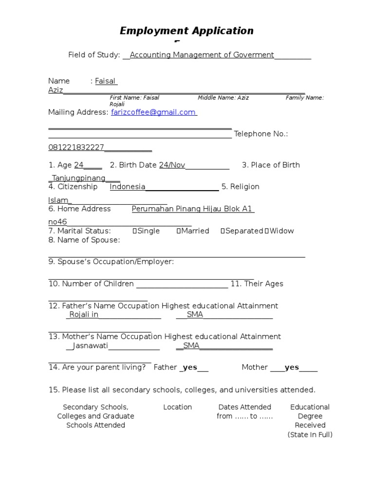 Employment Application Form: First Name: Faisal Middle Name: Aziz ...