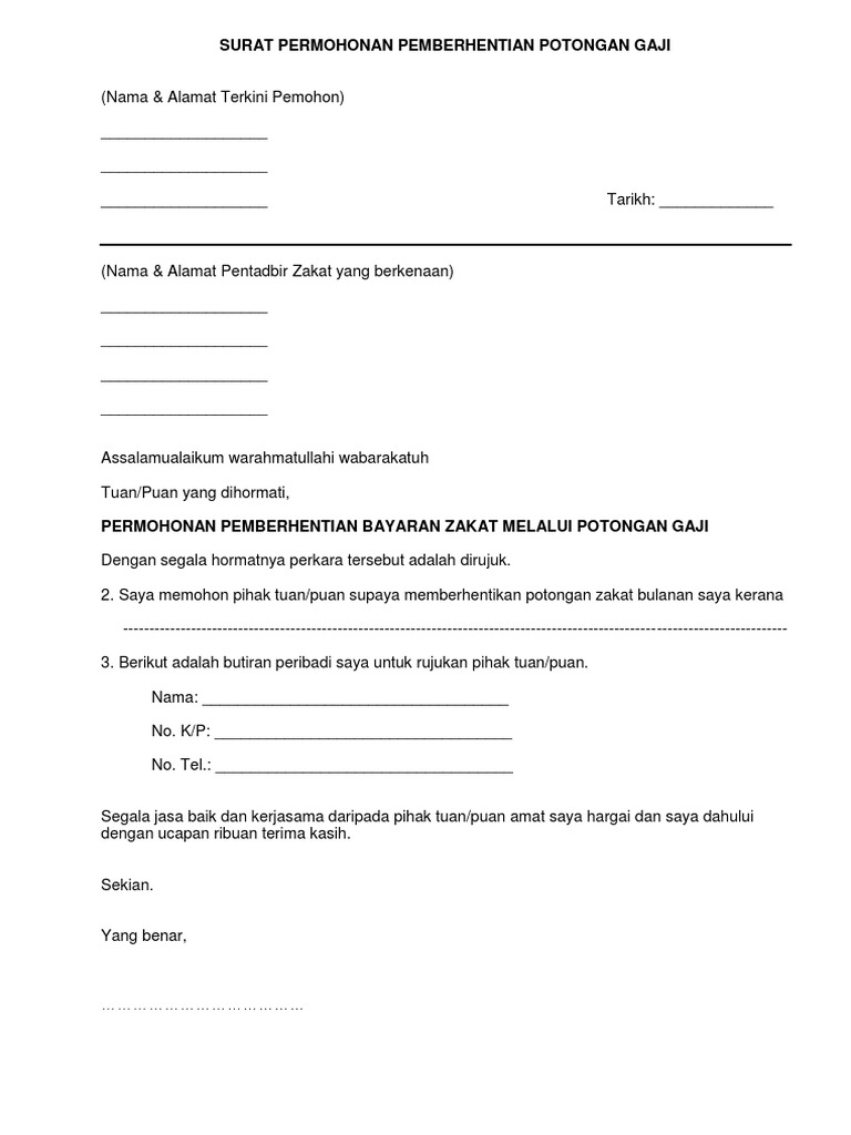 Surat Permohonan Pemberhentian Potongan Gaji Pdf