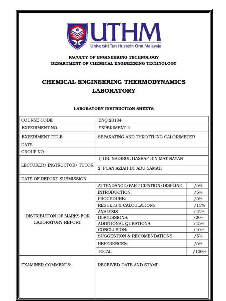 Exp 4 Separating and Throttling Calorimeter Steam Enthalpy