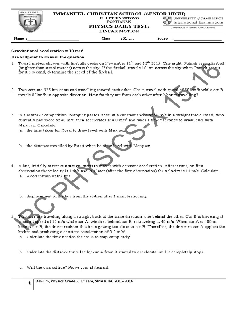 Ch.3 Linear Motion (Daily Test) 2 PDF Acceleration Speed