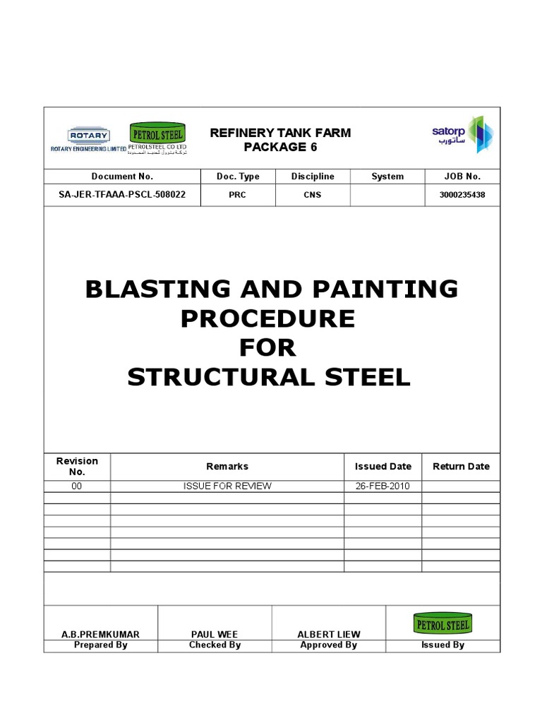 Blasting and painting procedure for structural steel in refinery tank