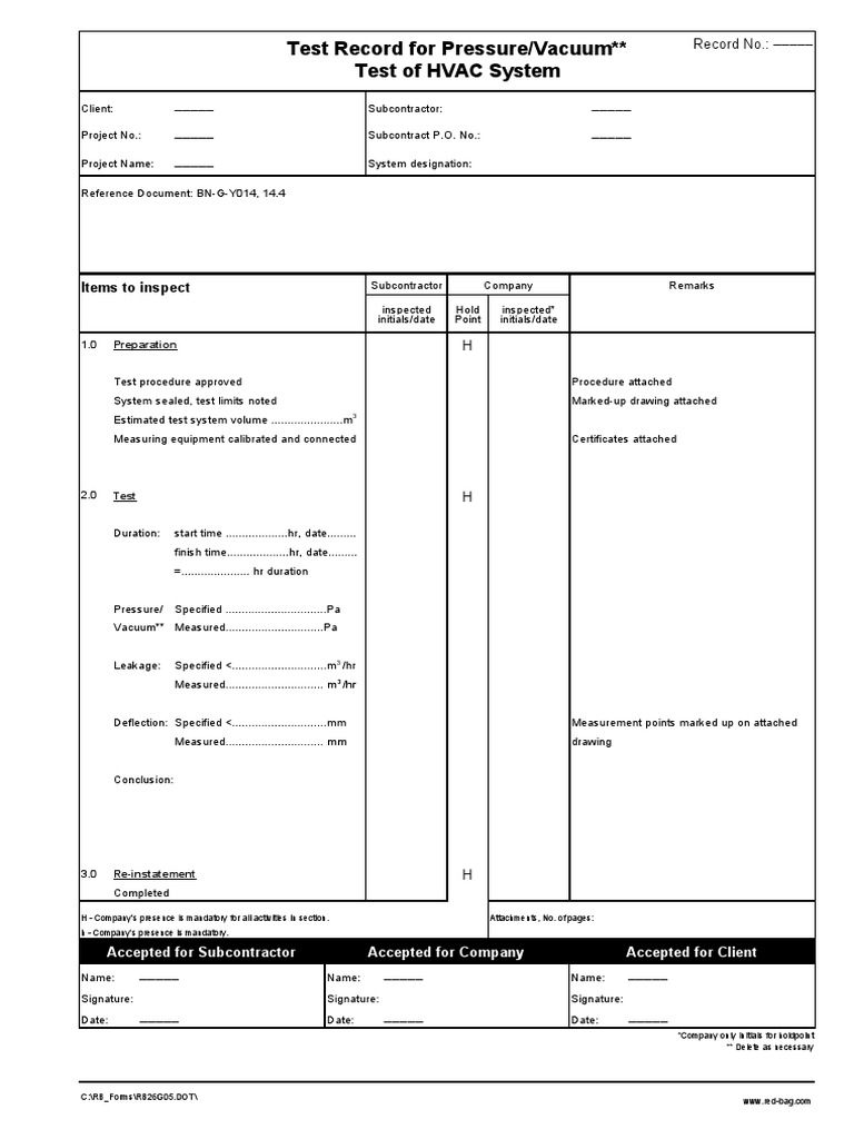 Test Record For Pressure/Vacuum Test of HVAC System PDF