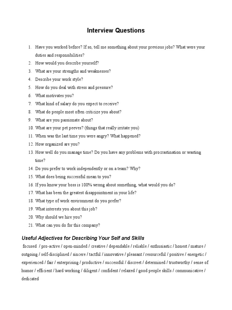 Interview Questions: Useful Adjectives For Describing Your Self and ...