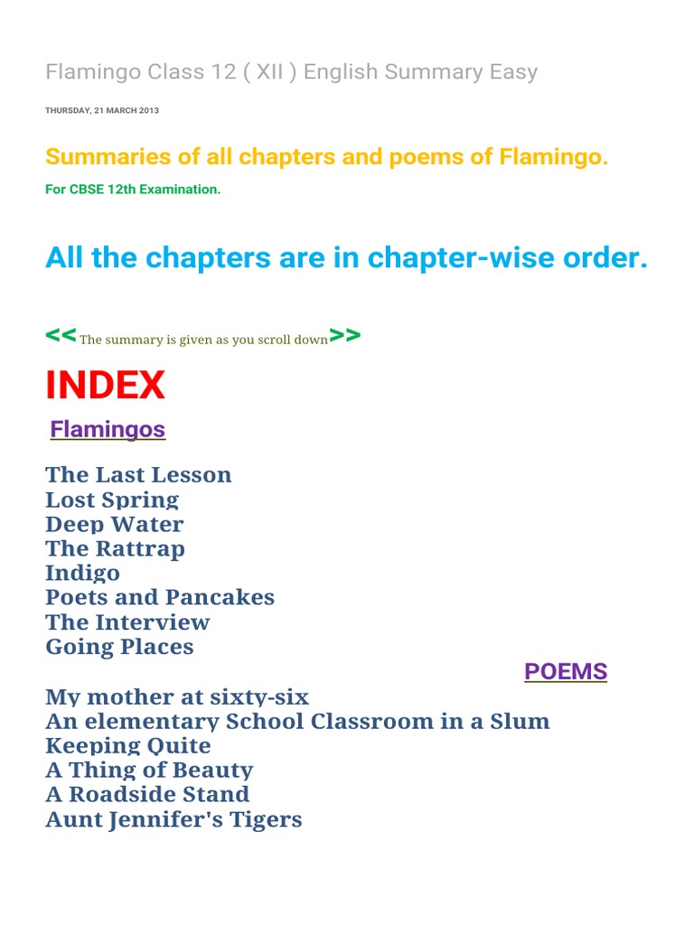 Summary Of Flamingo Class 12
