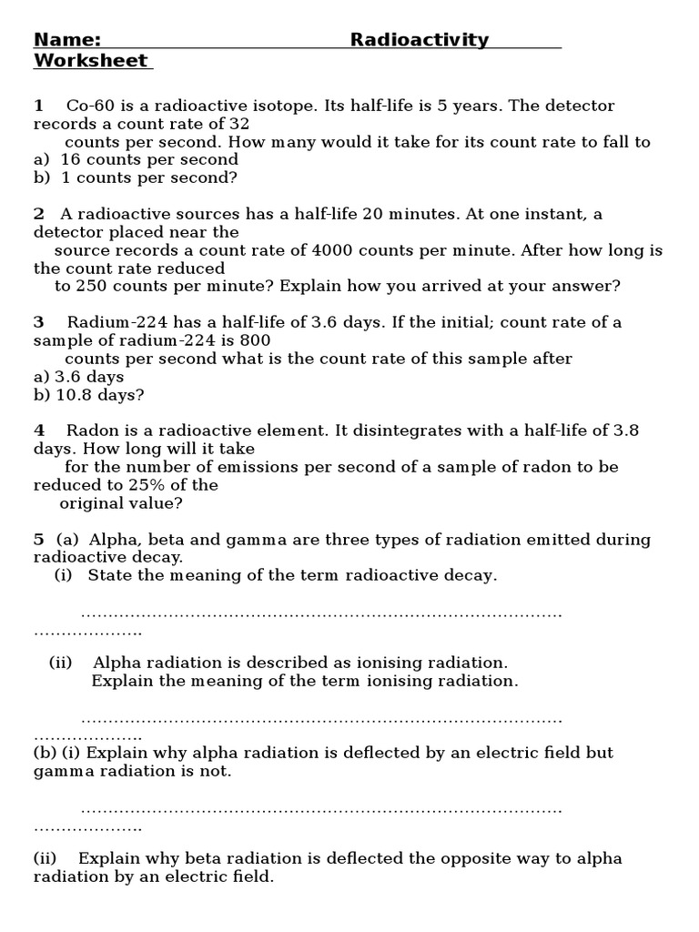 worksheet Nuclear Radiation Worksheet radioactivity worksheet radioactive decay nuclear chemistry