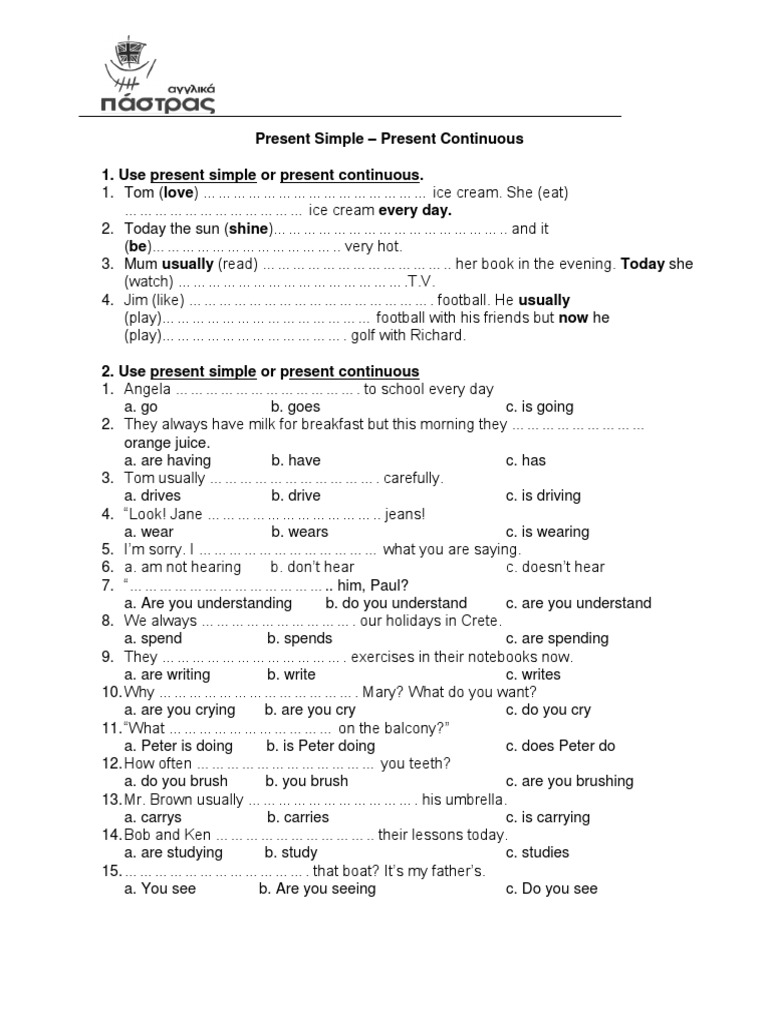 Present Simple vs. Present Continuous Worksheet | PDF | Language Arts ...