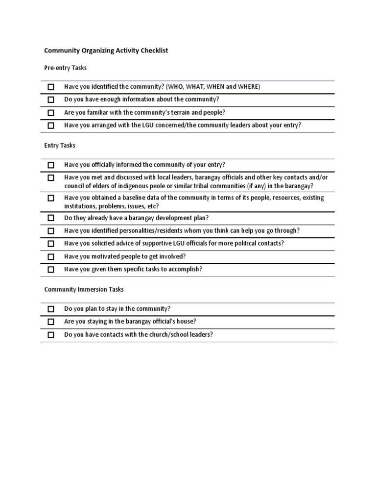 Community Organizing Activity Checklist | PDF | Wellness