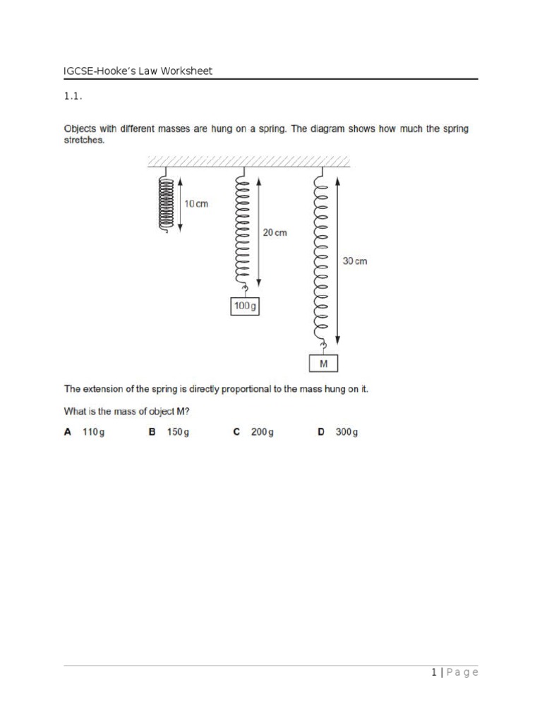 IGCSEHooke's Law Worksheet 1.1 PDF Elasticity (Physics) Chemistry