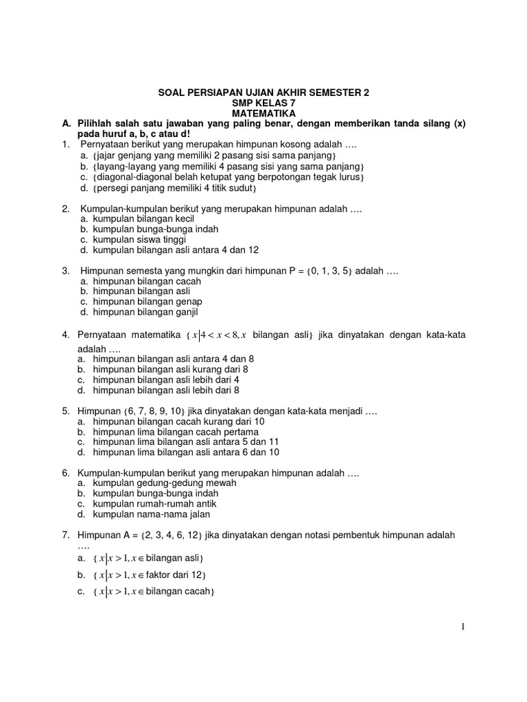 Soal Matematika Kelas Vii Smp Persiapan Ujian Akhir Semester 2x1 2