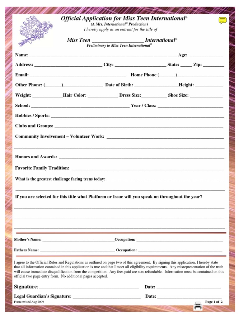 Miss Teen International Application Form | PDF | Citizenship Of The ...
