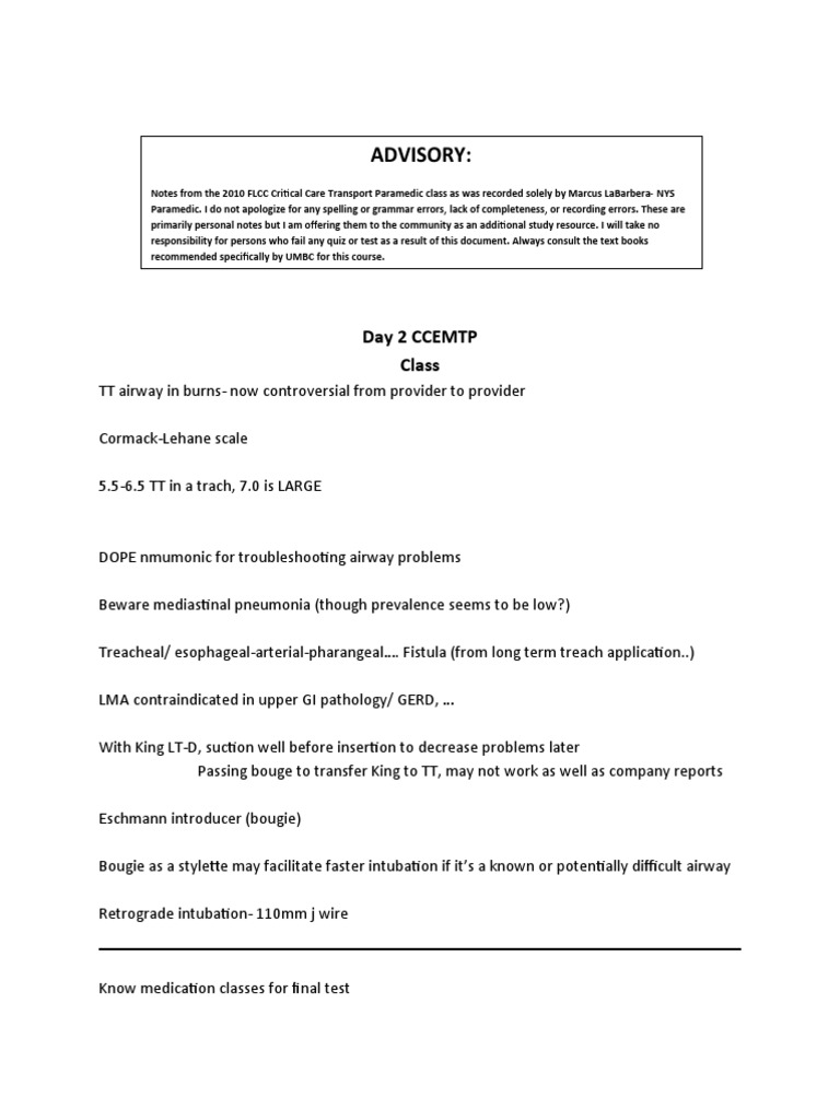 UMBC CC-EMTP Class Notes, FLCC Class 2010 | PDF | Respiratory System ...