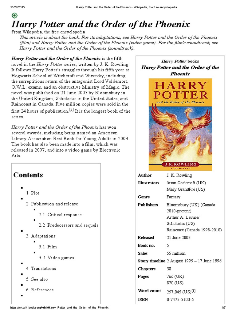Harry Potter and the Order of the Phoenix Wikipedia, The Free