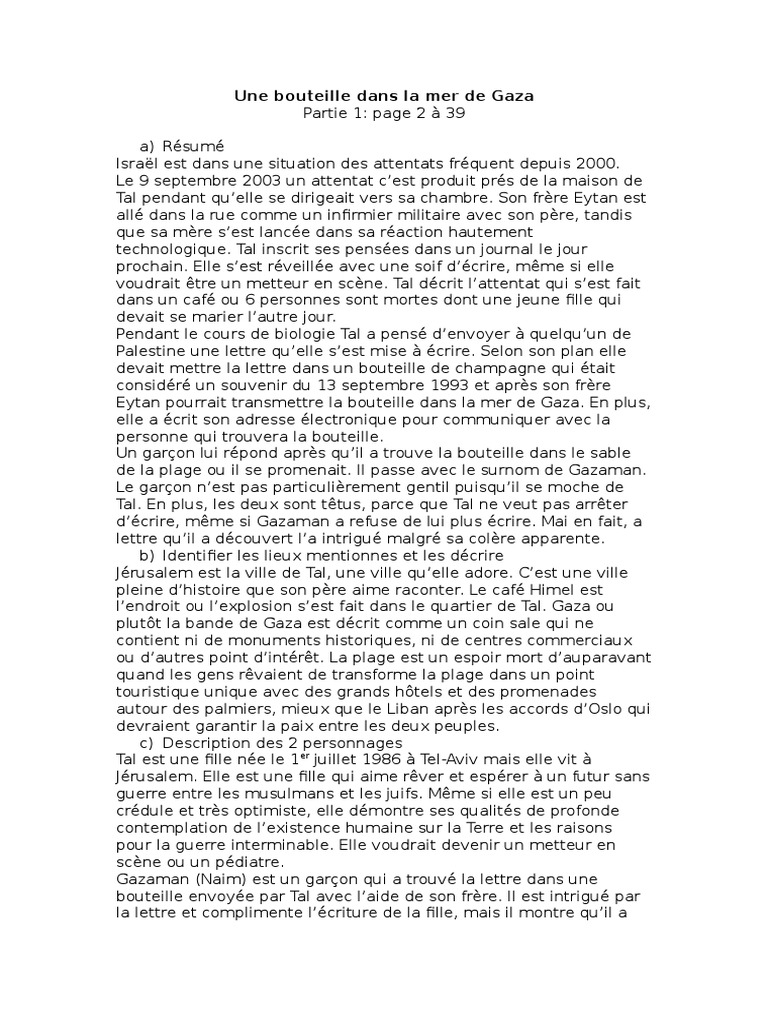 Une Bouteille Dans La Mer De Gaza Résumé Par Chapitre