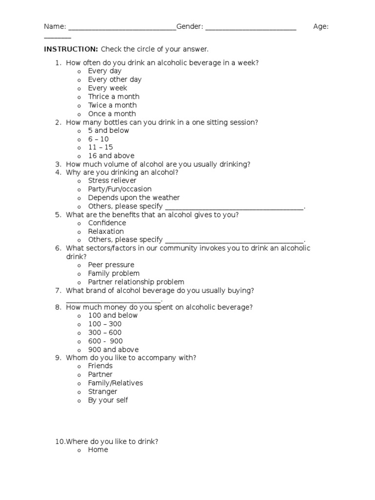 Alcohol Consumption Survey Form | PDF