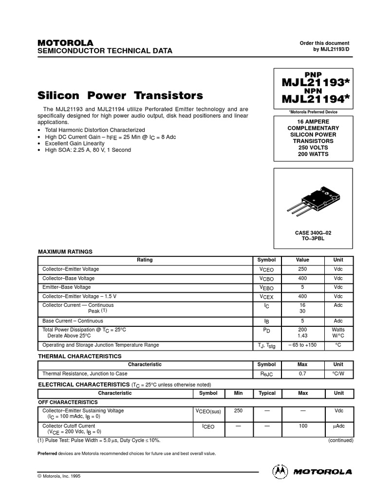 MJL21194 Datasheet and Specs PDF Bipolar Junction Transistor