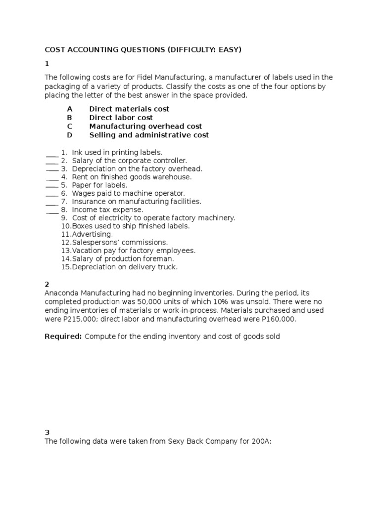 Cost Accounting Questions - Part 1 | PDF