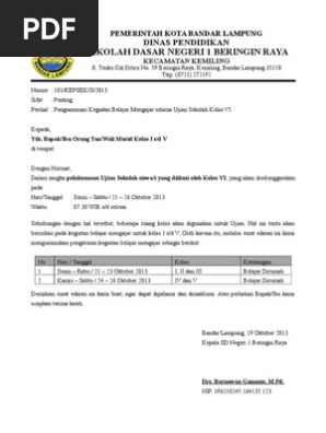 Contoh Surat Edaran Sekolah Pengumuman Libur Karena Ujian Sekolah