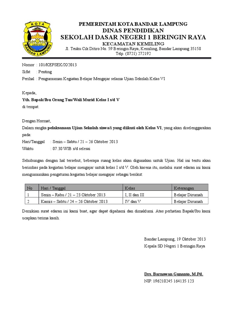 Contoh Surat Edaran Sekolah, Pengumuman Libur Karena Ujian 