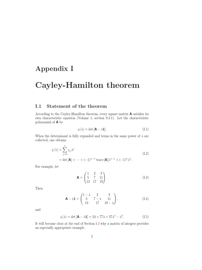 CayleyHamilton theorem Appendix I Eigenvalues And Eigenvectors