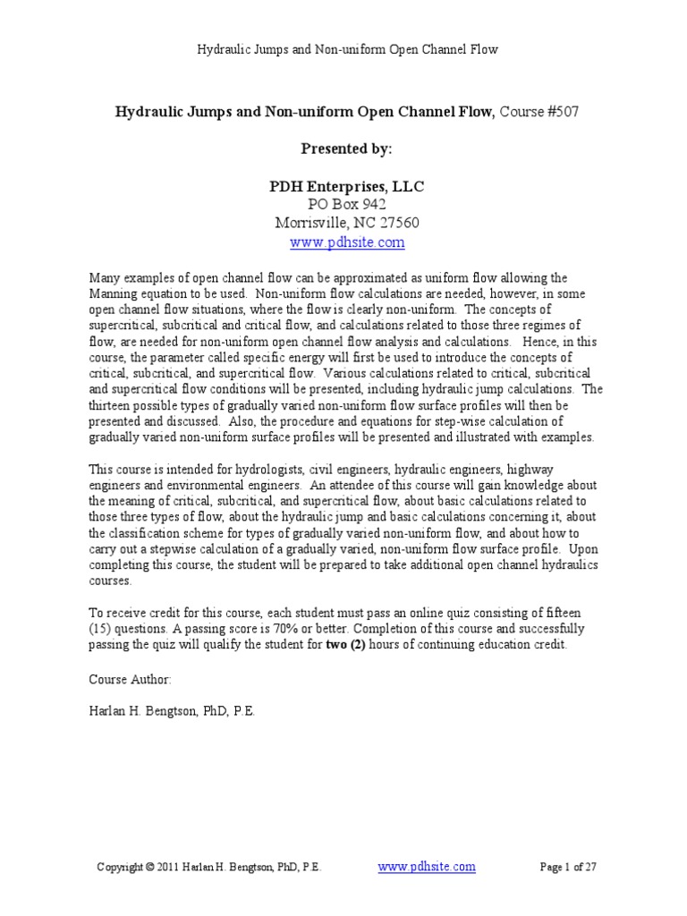 Hydraulic Jumps and Nonuniform Open Channel Flow Course | PDF ...