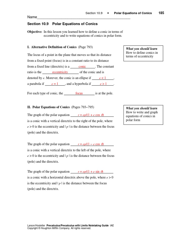 Section 10.9 Polar Equations of Conics: Name | PDF | Analytic Geometry ...