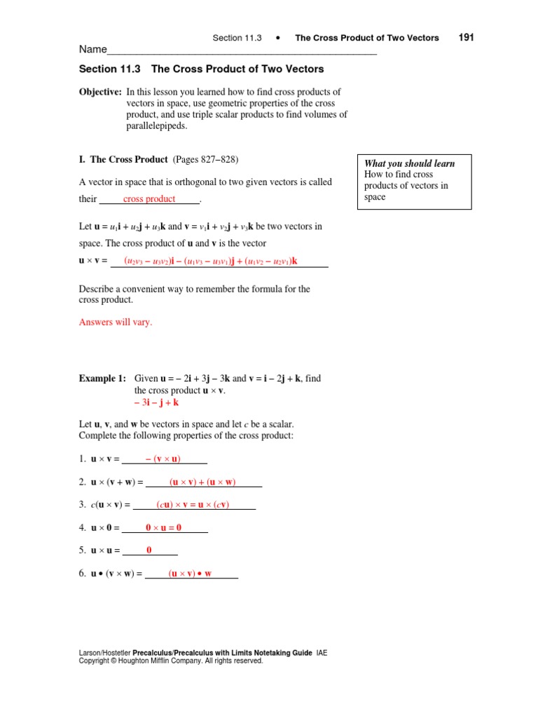 Section 11.3 The Cross Product of Two Vectors: Name | PDF | Euclidean ...