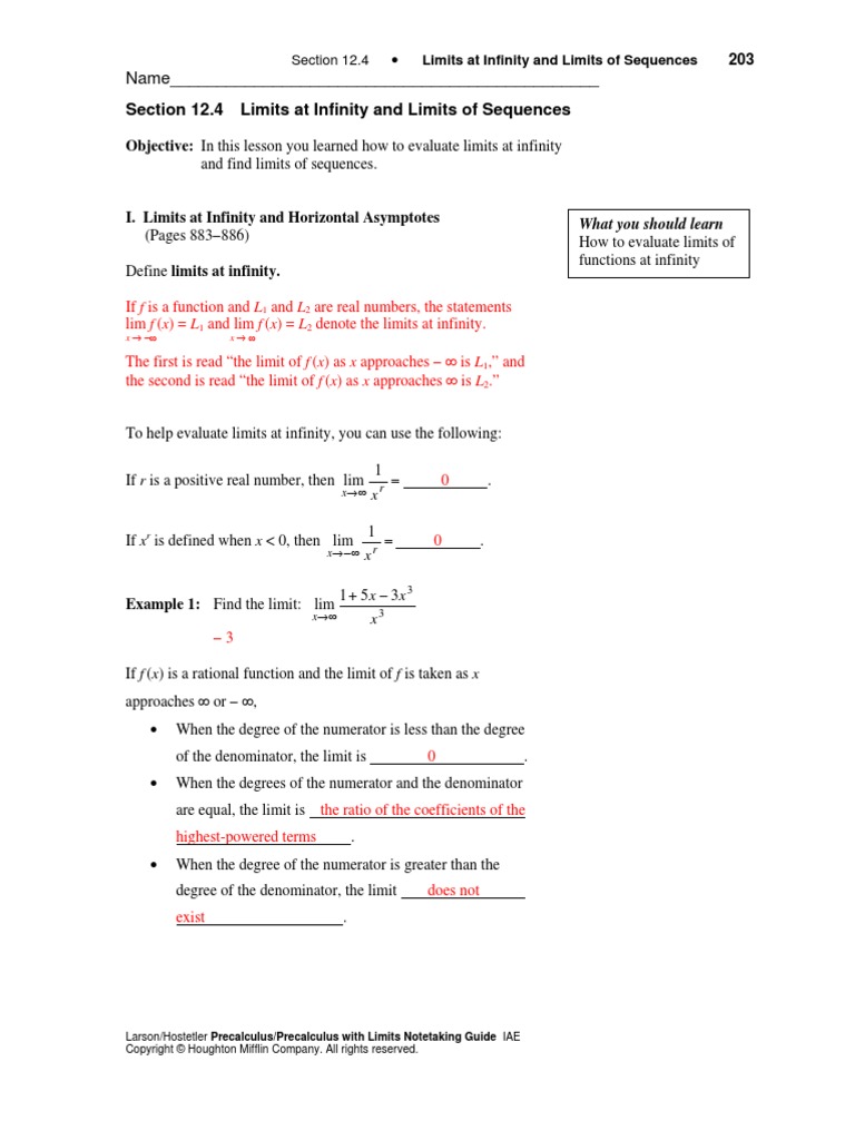 Section 12.4 Limits at Infinity and Limits of Sequences: Name | PDF ...