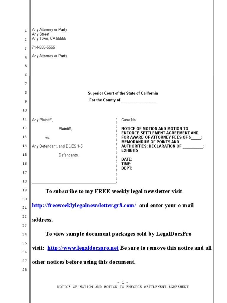 Sample Motion to Enforce Settlement Agreement for California under