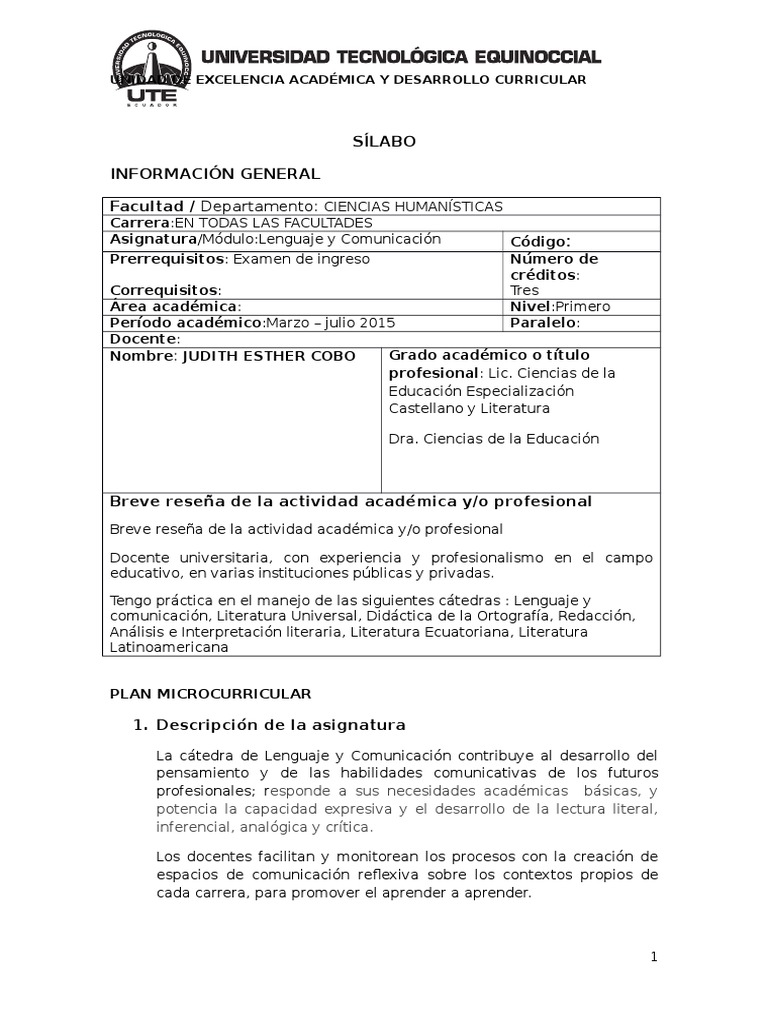 Sílabo de Lenguaje y Comunicación | PDF