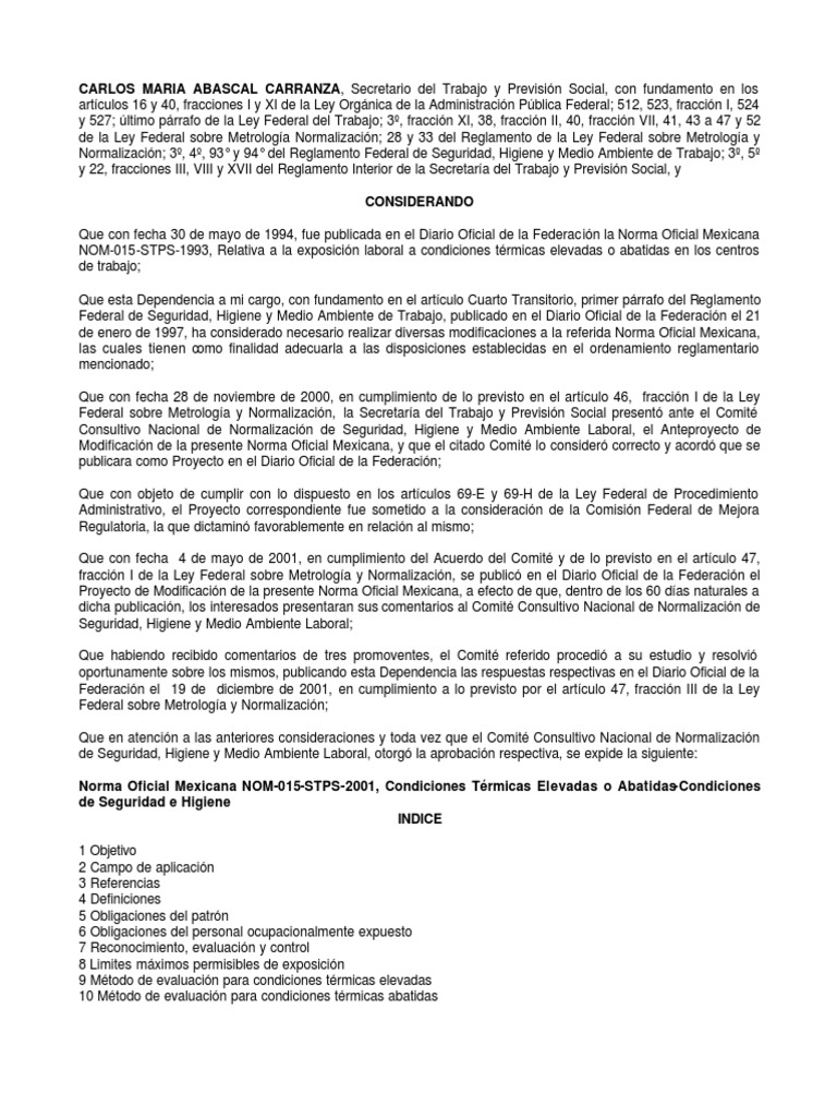 Nom 015 STPS 2001 PDF | PDF | Temperatura | Termorregulación