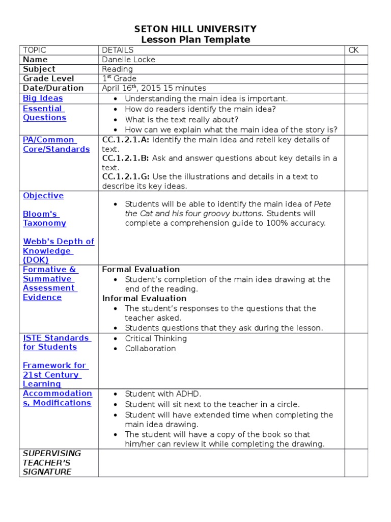 Pete the Cat Main Idea Lesson Plan | PDF | Lesson Plan | Applied Psychology