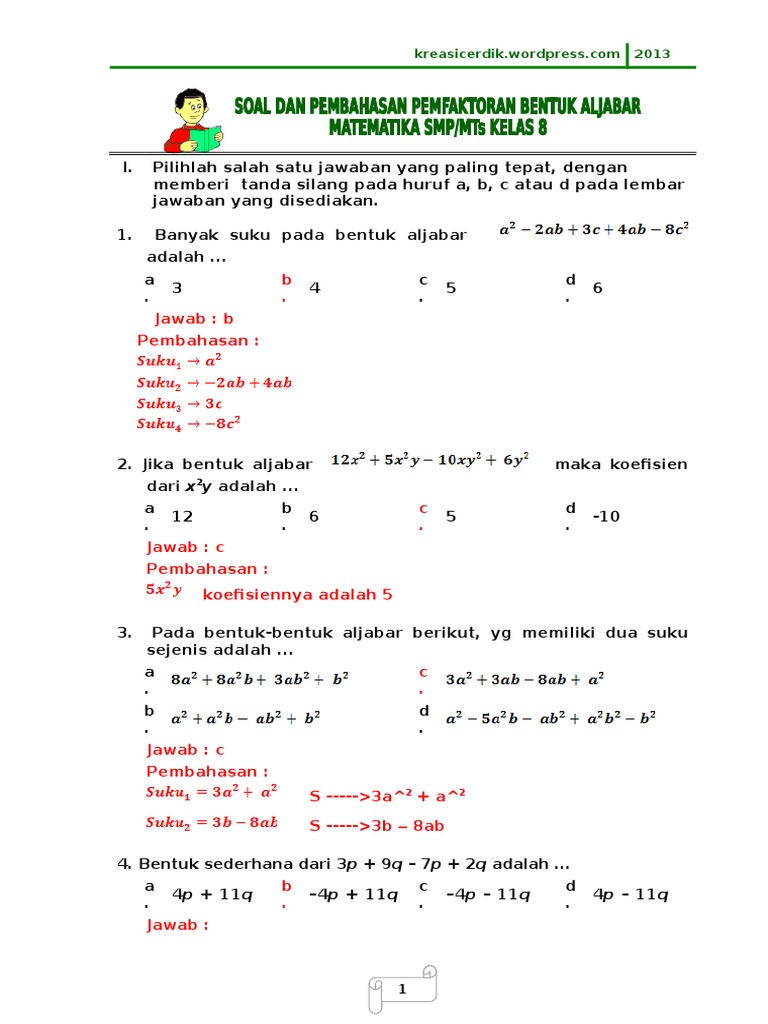 Soal Aljabar Matematika Smp