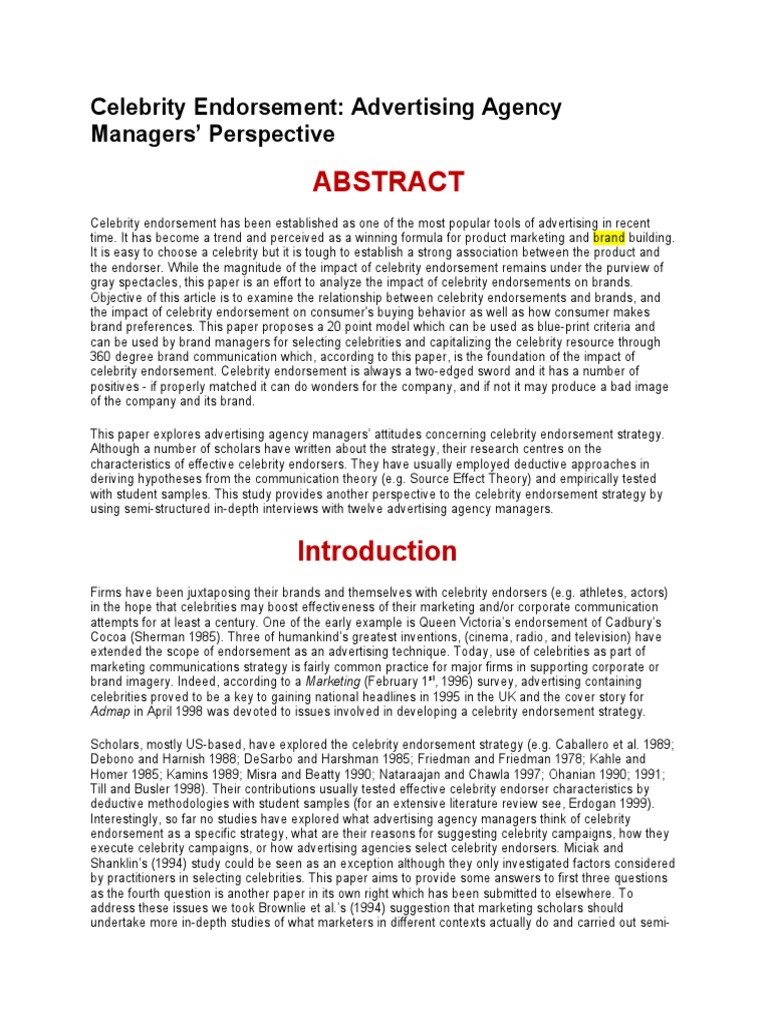 Celebrity Endorsement: Advertising Agency Managers&rsquo; Perspective | PDF