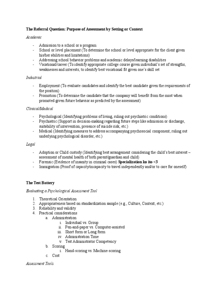 The Referral Question Purpose of Assessment by Setting or Context