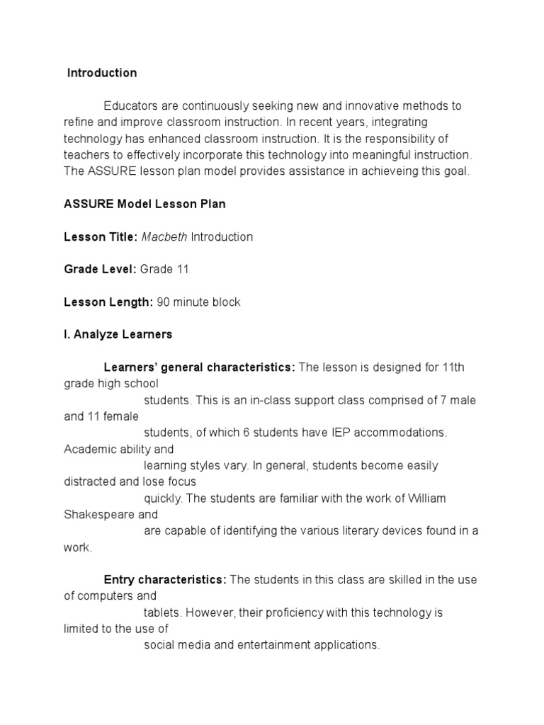 ASSURE Model Lesson Plan1 | Learning Styles | Lesson Plan