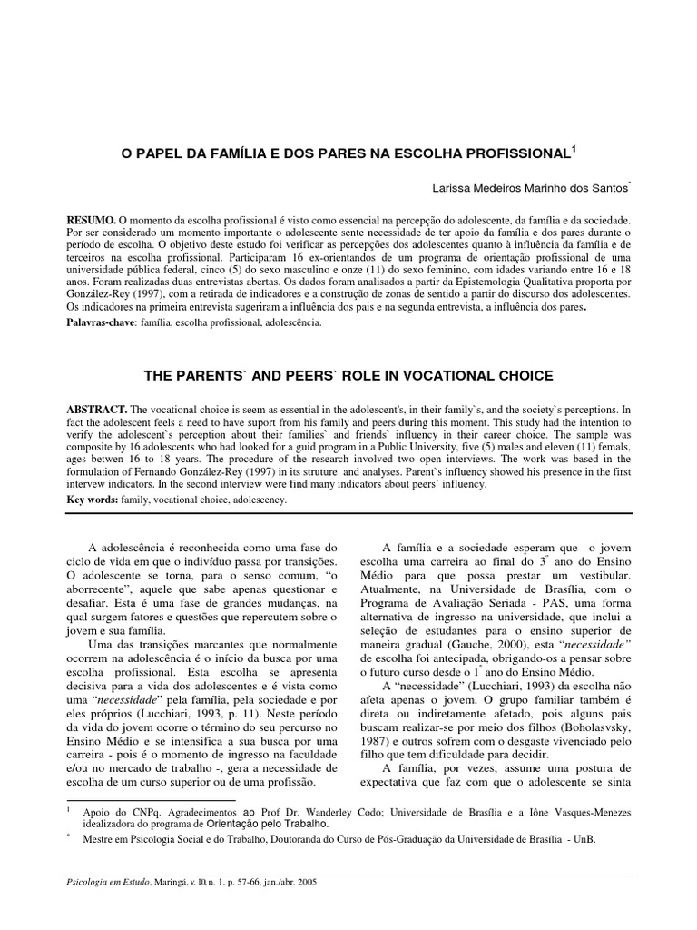 01 O Papel Da Familia e Dos Pares Na Escolha Profissional | PDF ...