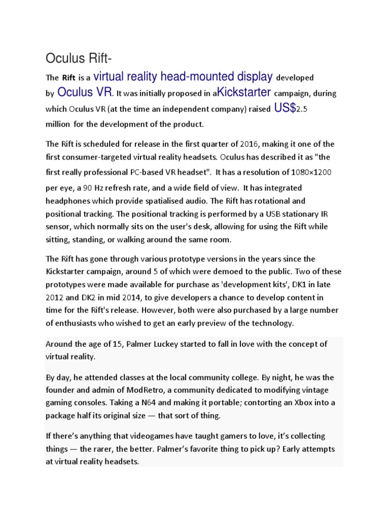 Oculus Rift: VR Headset Evolution | PDF | Oculus Vr | Virtual Reality