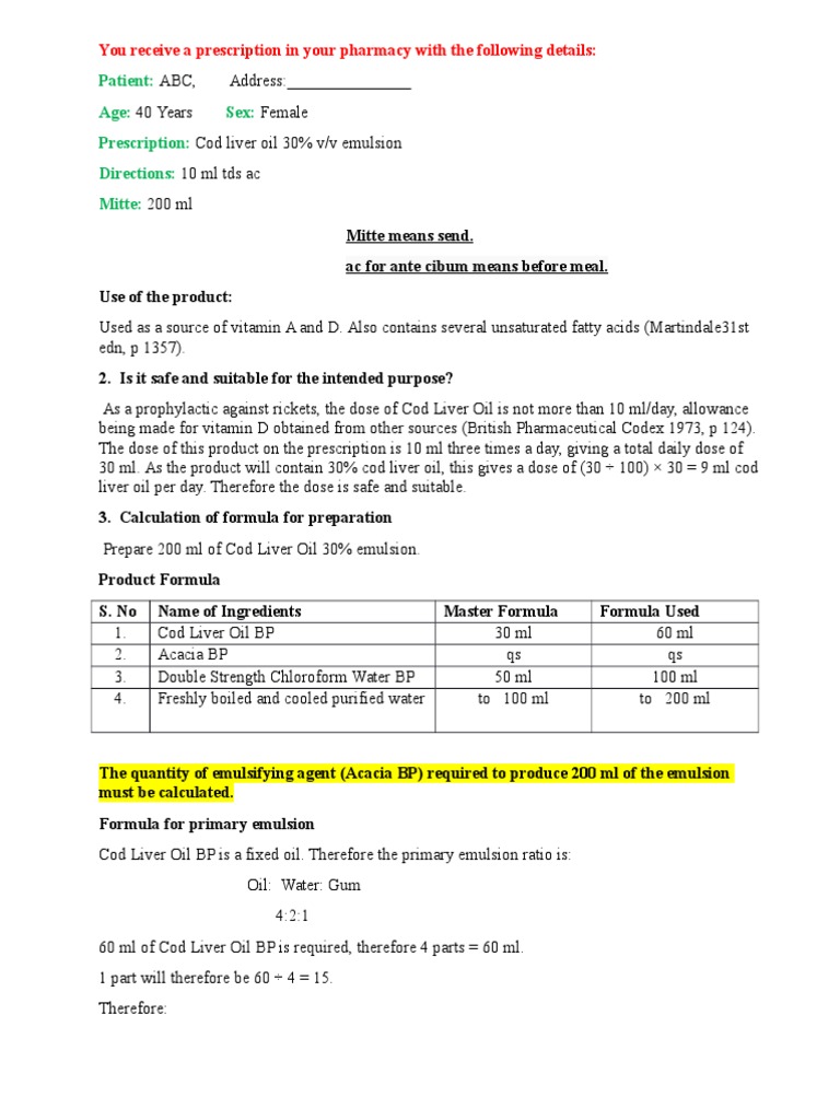 Cod Liver Oil Emulsion Dose (Biochemistry) Chemistry