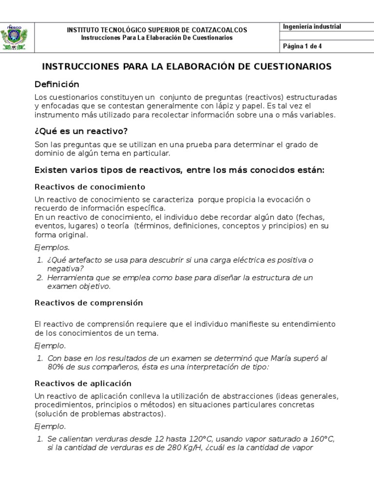 Instrucciones para Elaborar Un Cuestionario Rev. 2.0 13Feb2013 PDF Cuestionario Conocimiento