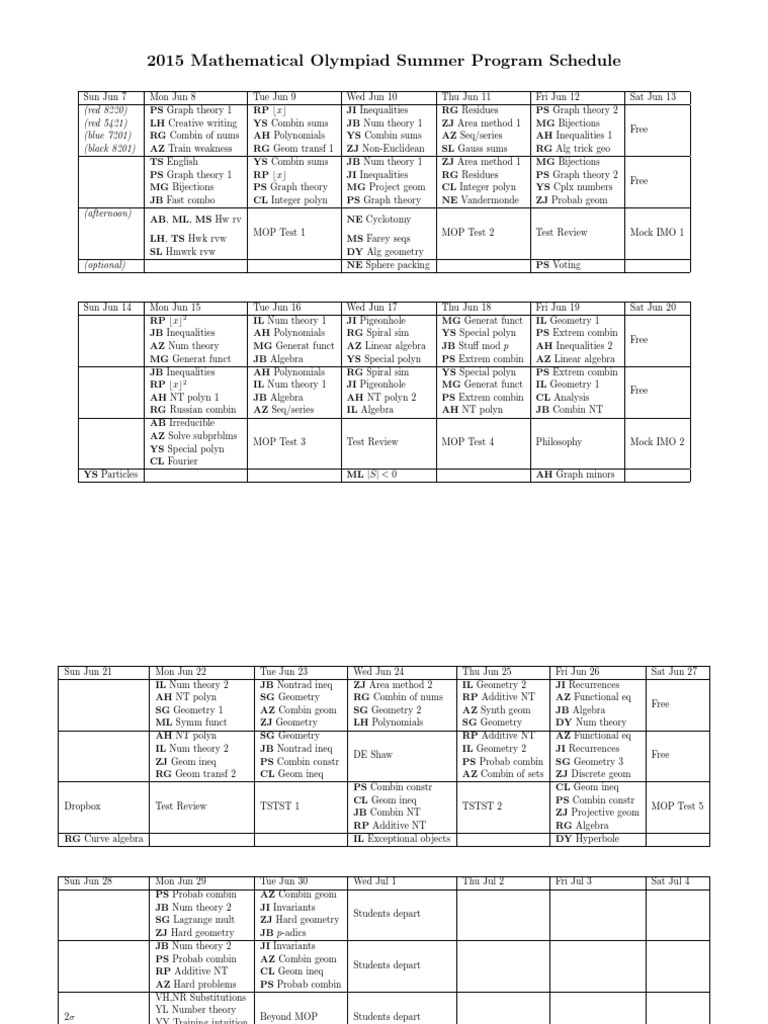 2015 Math Olympiad Summer Program Schedule | PDF
