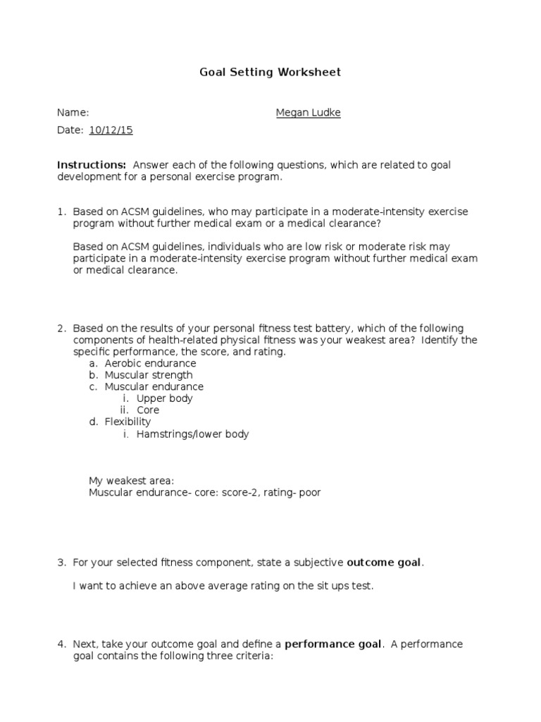 worksheet Fitness Testing Worksheet goal setting worksheet physical fitness test assessment