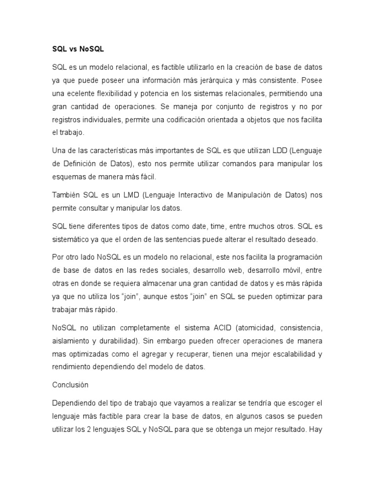 SQL vs NoSQL: Comparativa de Bases de Datos | PDF