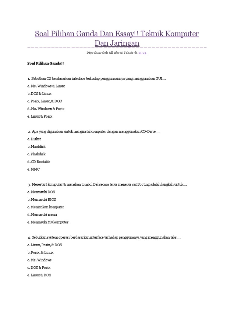 Soal Pilihan Ganda Dan Essay Os Dan Siskom