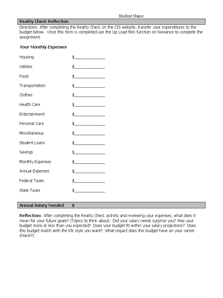 Monthly Budget Reflection Assignment | PDF