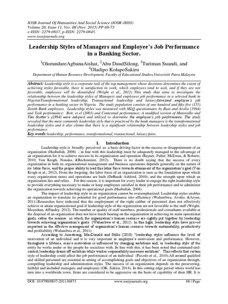 Leadership Styles and Job Performance in Banking | PDF ...