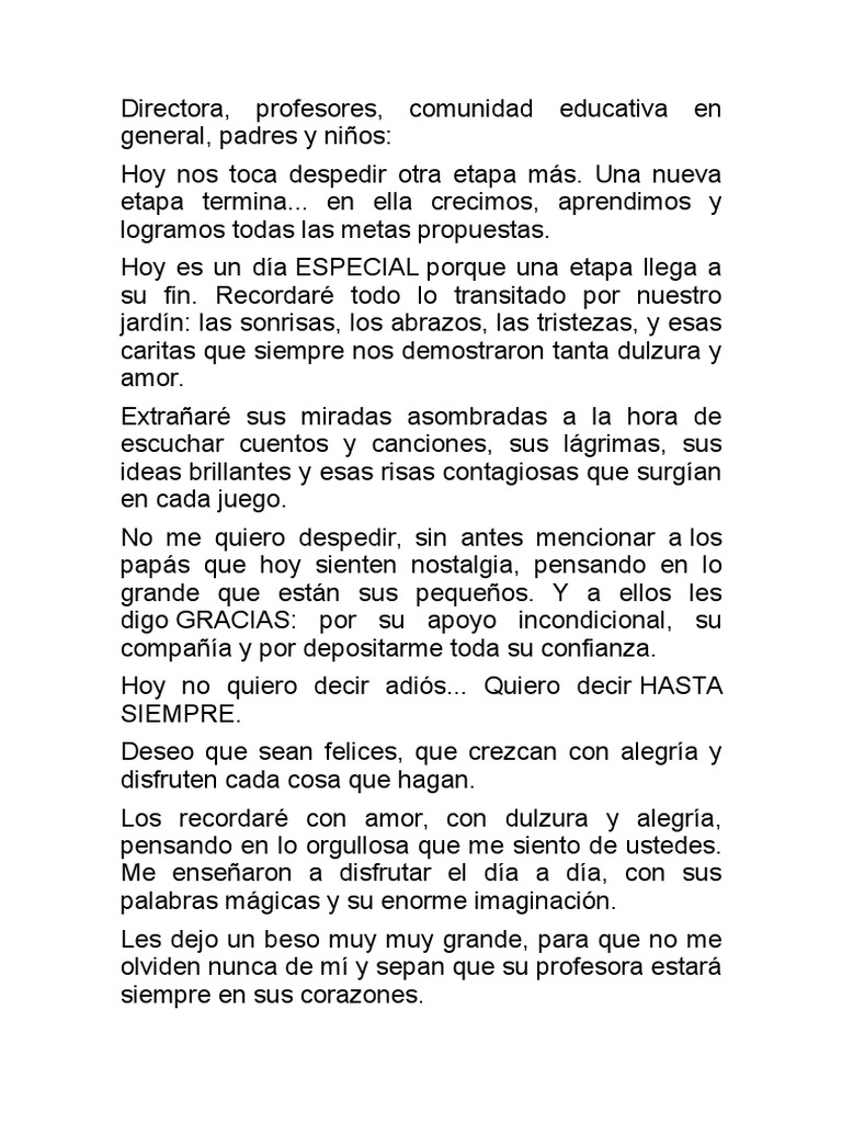 Discurso de Despedida de 5 Años | PDF | Relaciones personales, crianza y  desarrollo personal, image size:768x1024