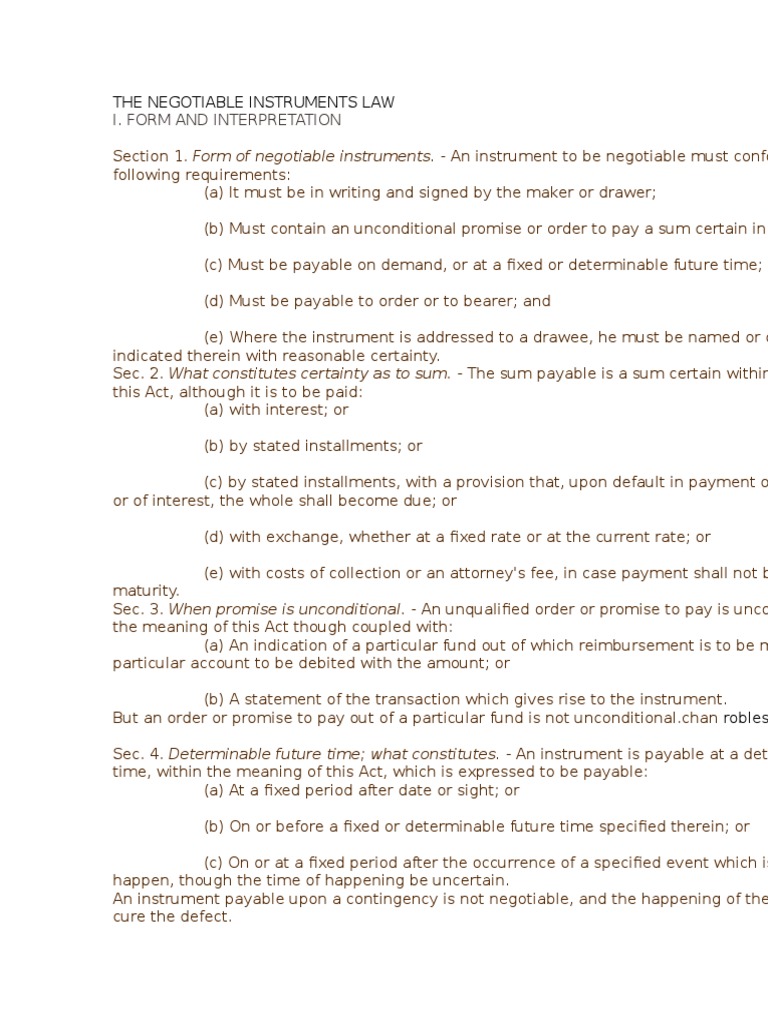 I. Form And Interpretation The Negotiable Instruments Law Negotiable Instrument Law Of