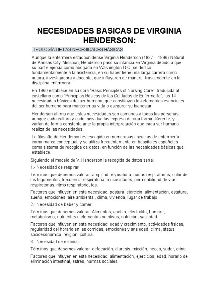Necesidades Basicas de Virginia Henderson Enfermería