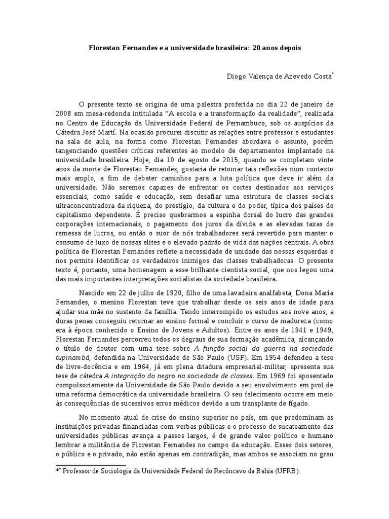 Florestan Fernandes e a Educação Brasileira | PDF | Sociologia | Burguesia